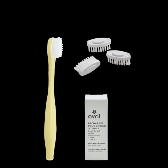 Avril Kit enfant manche jaune + 3 têtes de brosse à dents - Poils extra souples